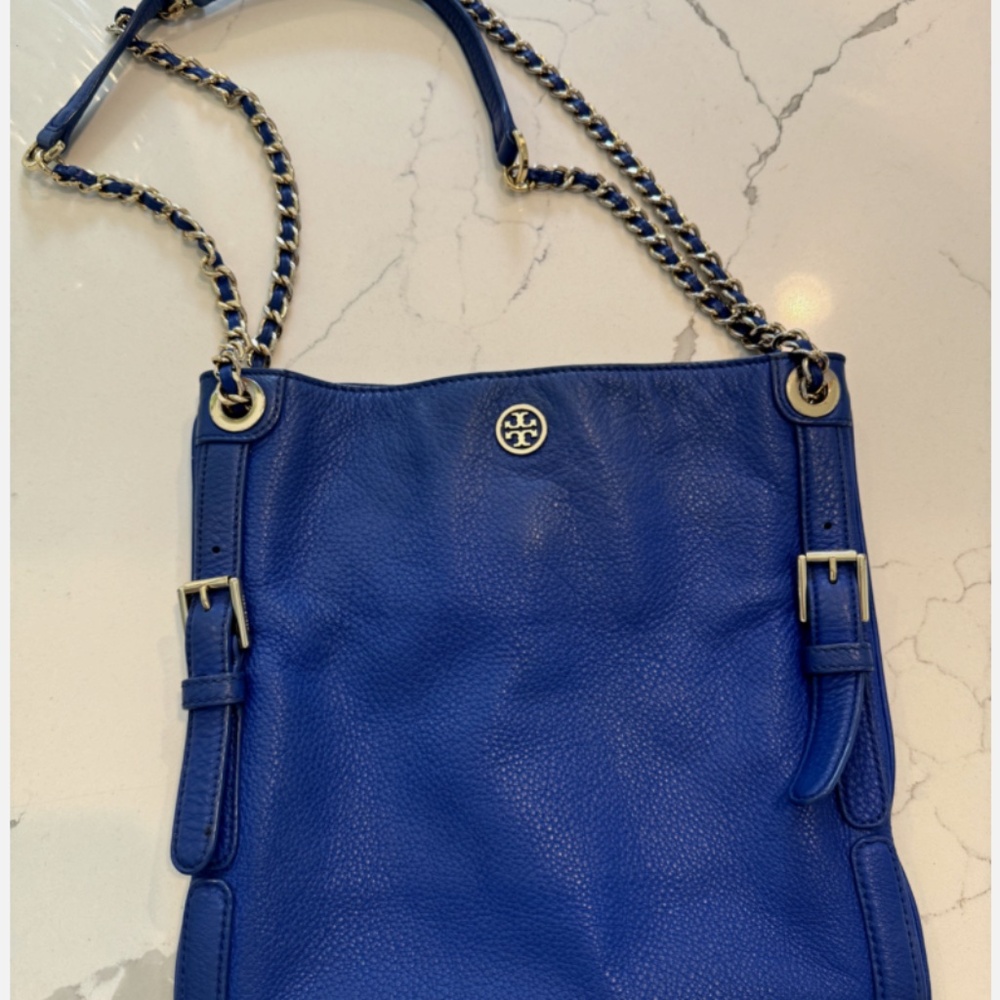 Tory Burch Blue Leather Gold Chain Strap Convertible Crossbody Bag
